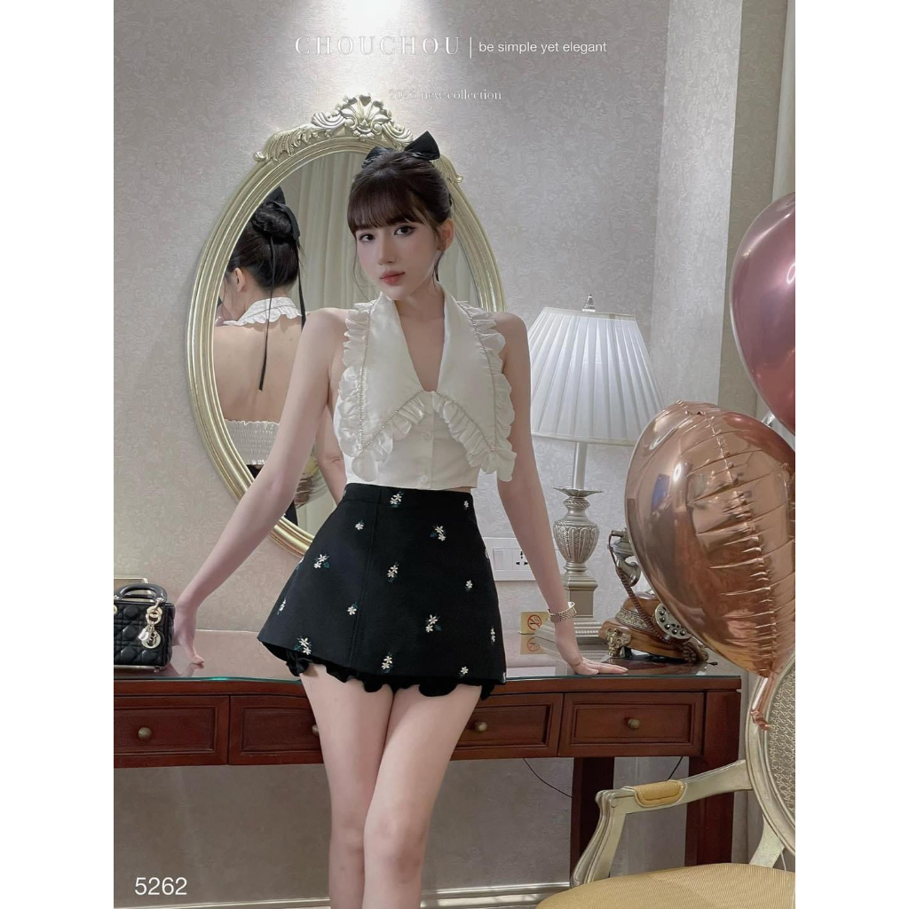 Sét áo croptop đính đá viền bèo kèm chân váy tafta đính đá hàng chuẩn Shirley