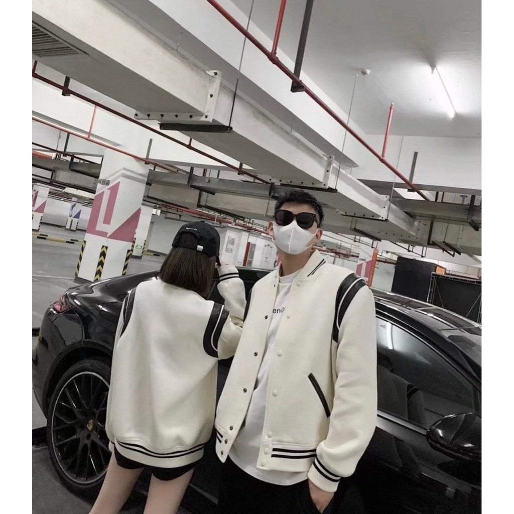 Áo khoác nam bomber GVC Teddy trắng phong cách năng động, Áo khoác bỏng chày Teddy nam nữ unisex viền vai phối da trend