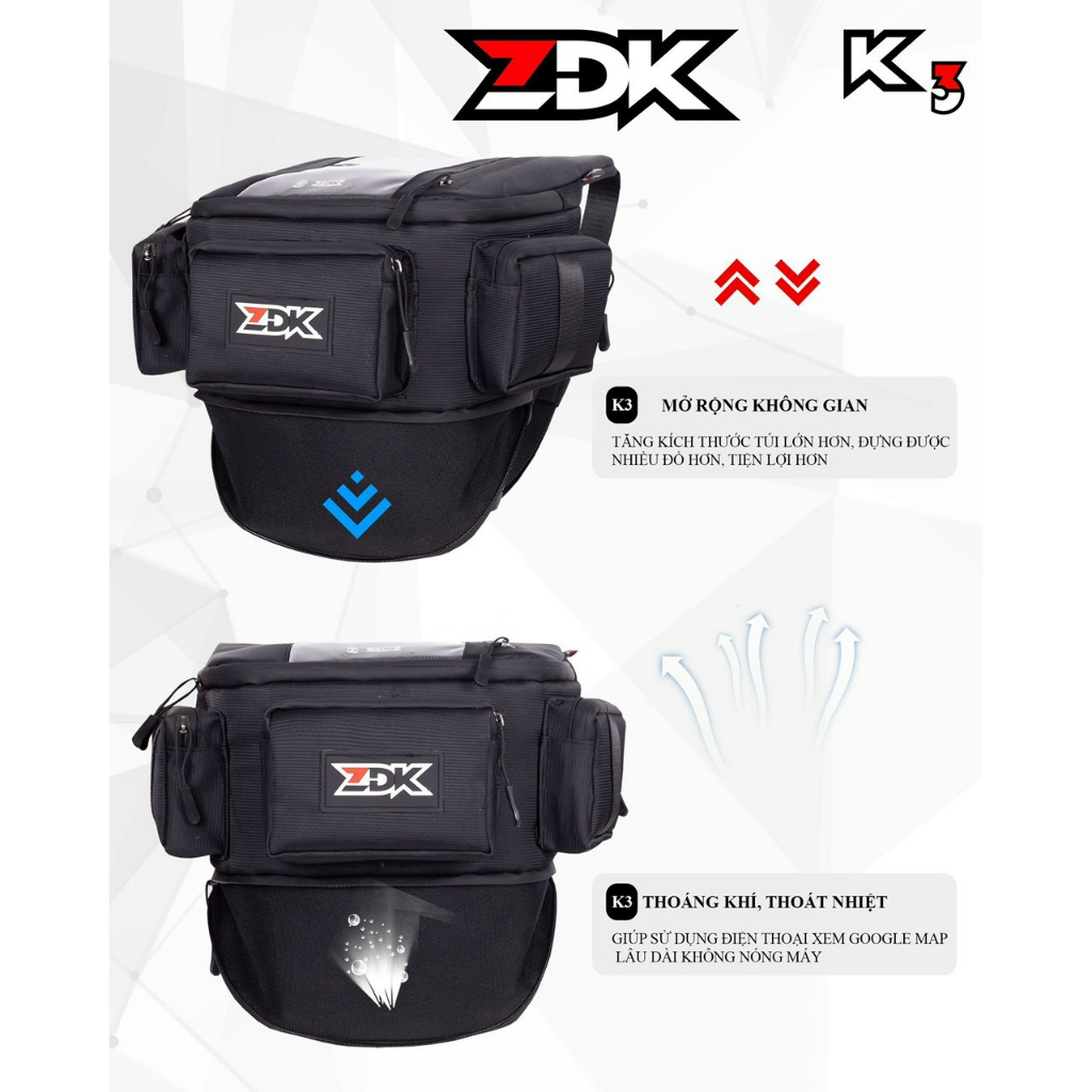 Túi treo đầu xe máy chạy ship phiên bản mới ZDK K3 dung tích đựng đồ lớn treo đầu xe cảm ứng