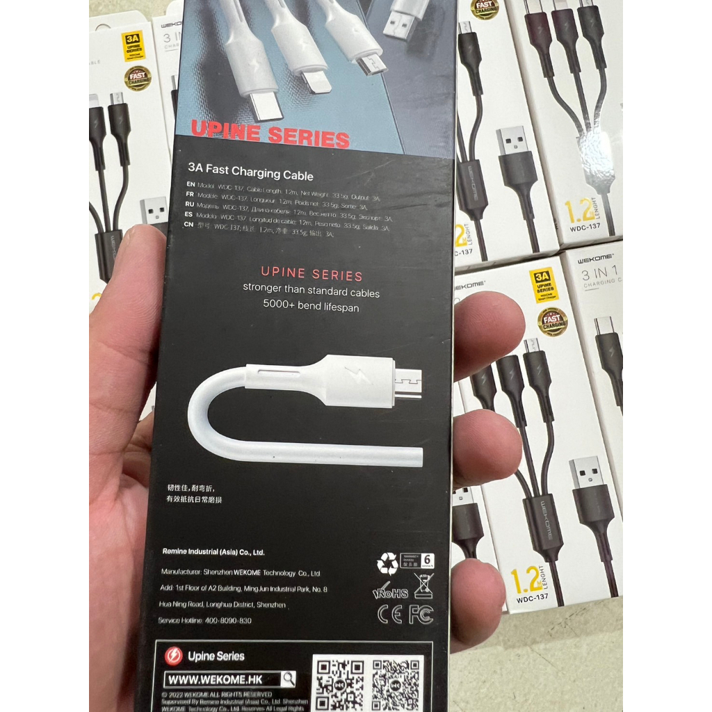 Cáp sạc 3 đầu chính hãng đa năng WK WDC-137 3 in 1 sạc siêu nhanh dài 1,2M KMOBILE