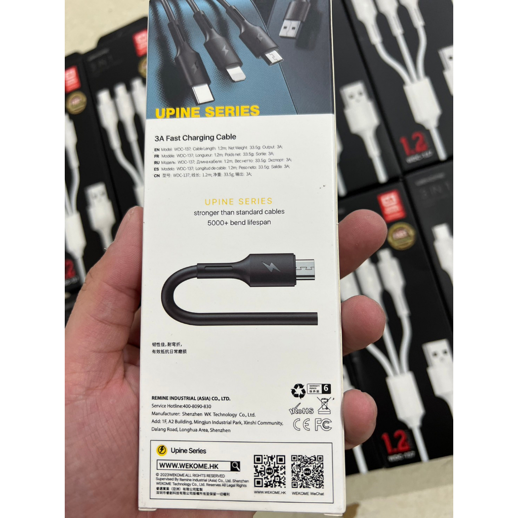 Cáp sạc 3 đầu chính hãng đa năng WK WDC-137 3 in 1 sạc siêu nhanh dài 1,2M KMOBILE