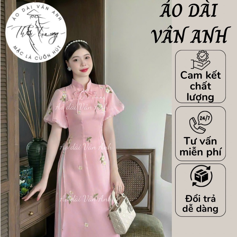 Áo dài chất liệu tơ sống 4 tà thêu hoa cao cấp đẹp, trẻ trung, năng động