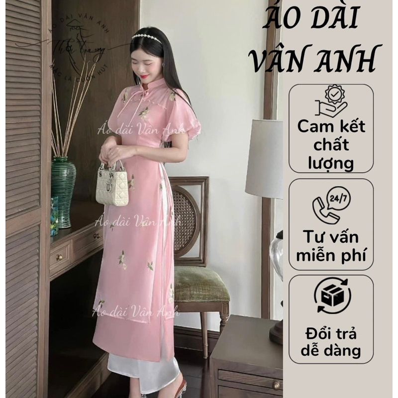 Áo dài chất liệu tơ sống 4 tà thêu hoa cao cấp đẹp, trẻ trung, năng động