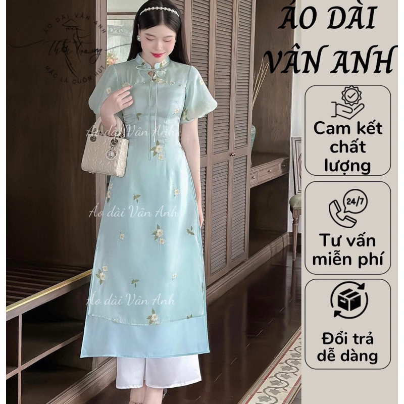 Áo dài chất liệu tơ sống 4 tà thêu hoa cao cấp đẹp, trẻ trung, năng động
