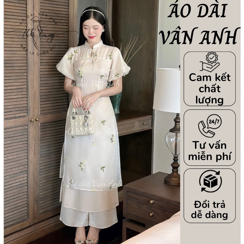 Áo dài chất liệu tơ sống 4 tà thêu hoa cao cấp đẹp, trẻ trung, năng động