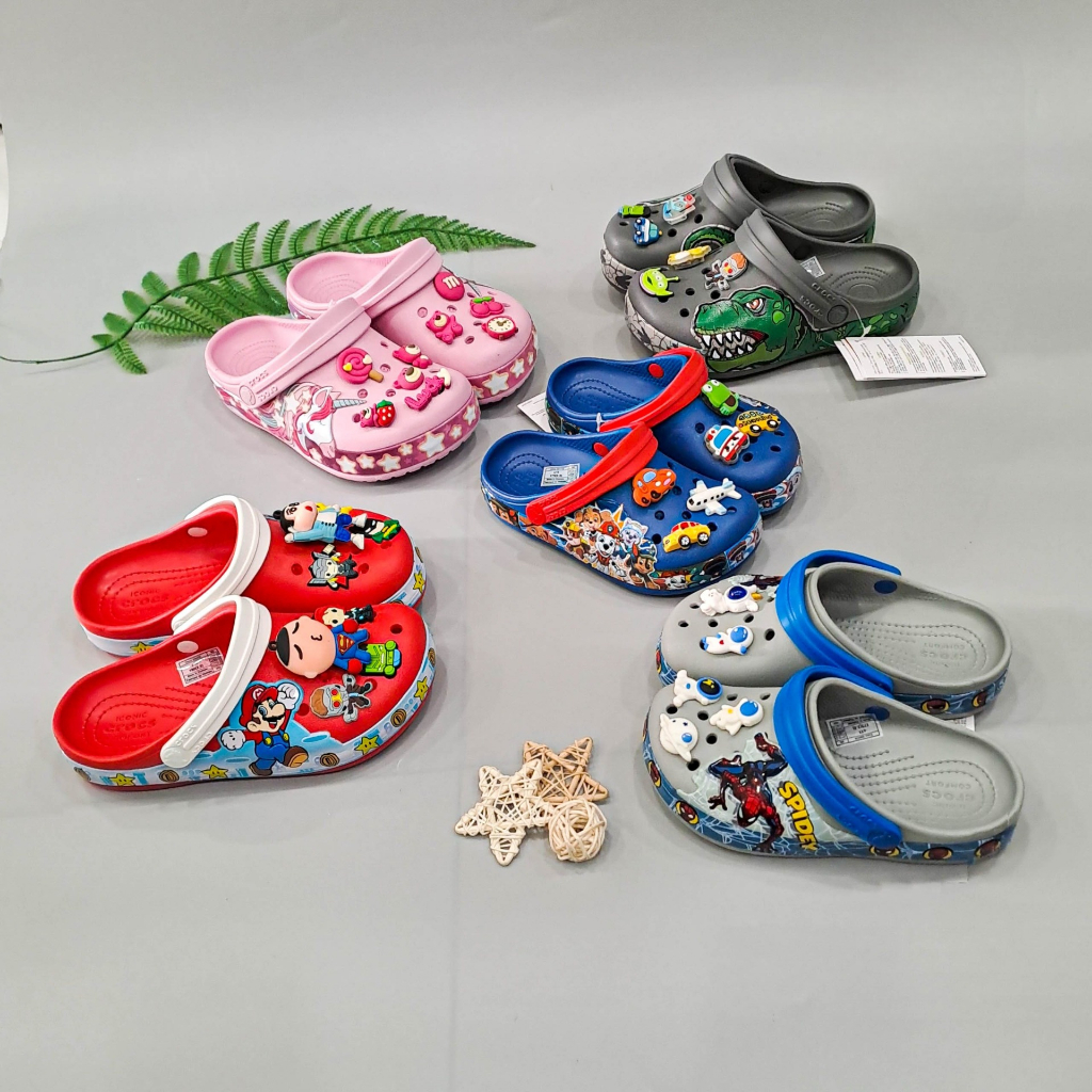 Dép crocs có đèn LED cho bé trai bé gái tặng jibbitz sticker, dép sục crocs trẻ em Funlab crocband pony, mario, spider