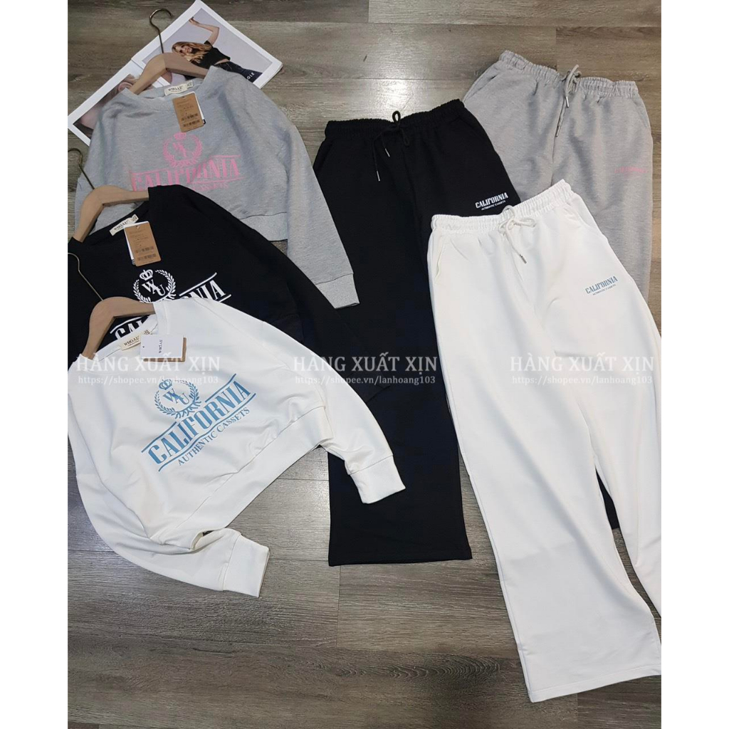 Bộ nỉ WHOU áo crop và quần ống rộng nhiều màu