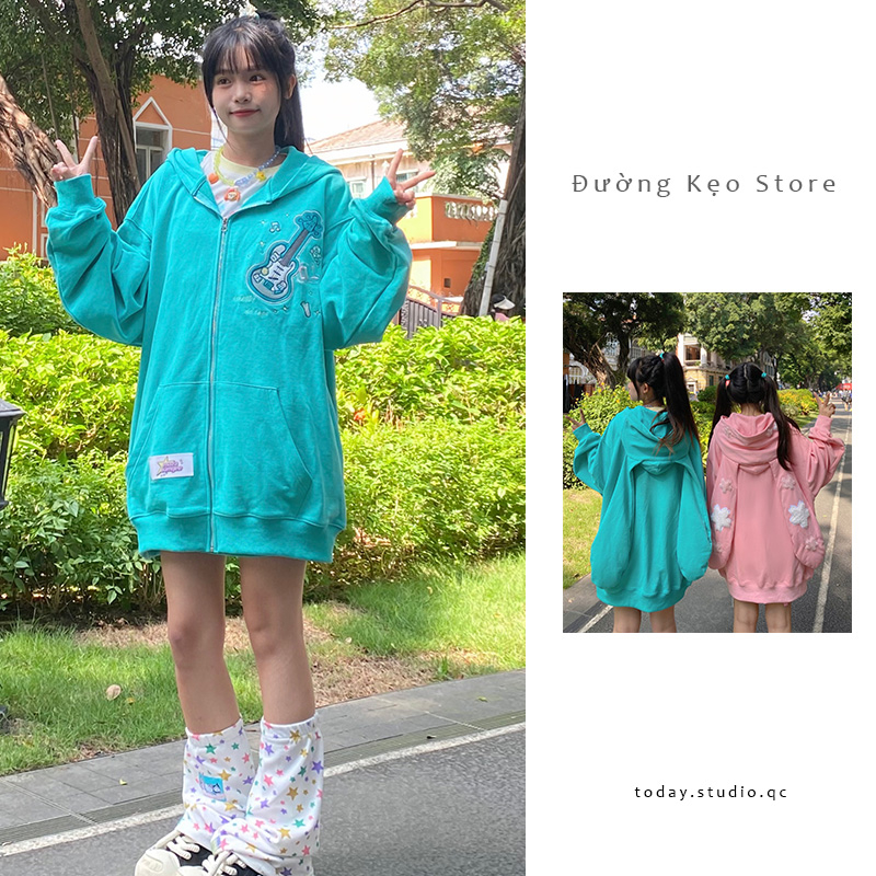 Áo hoodie khoá zip mũ thỏ tai dài phối bông trắng siêu cute ulzzang overisze form rộng chùm mông dài tay bo gấu hai màu