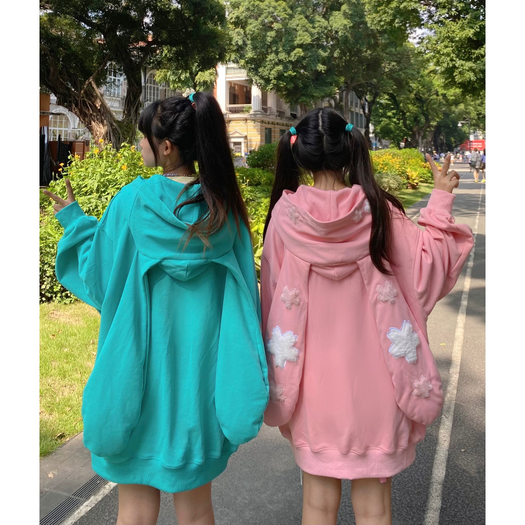 Áo hoodie khoá zip mũ thỏ tai dài phối bông trắng siêu cute ulzzang overisze form rộng chùm mông dài tay bo gấu hai màu