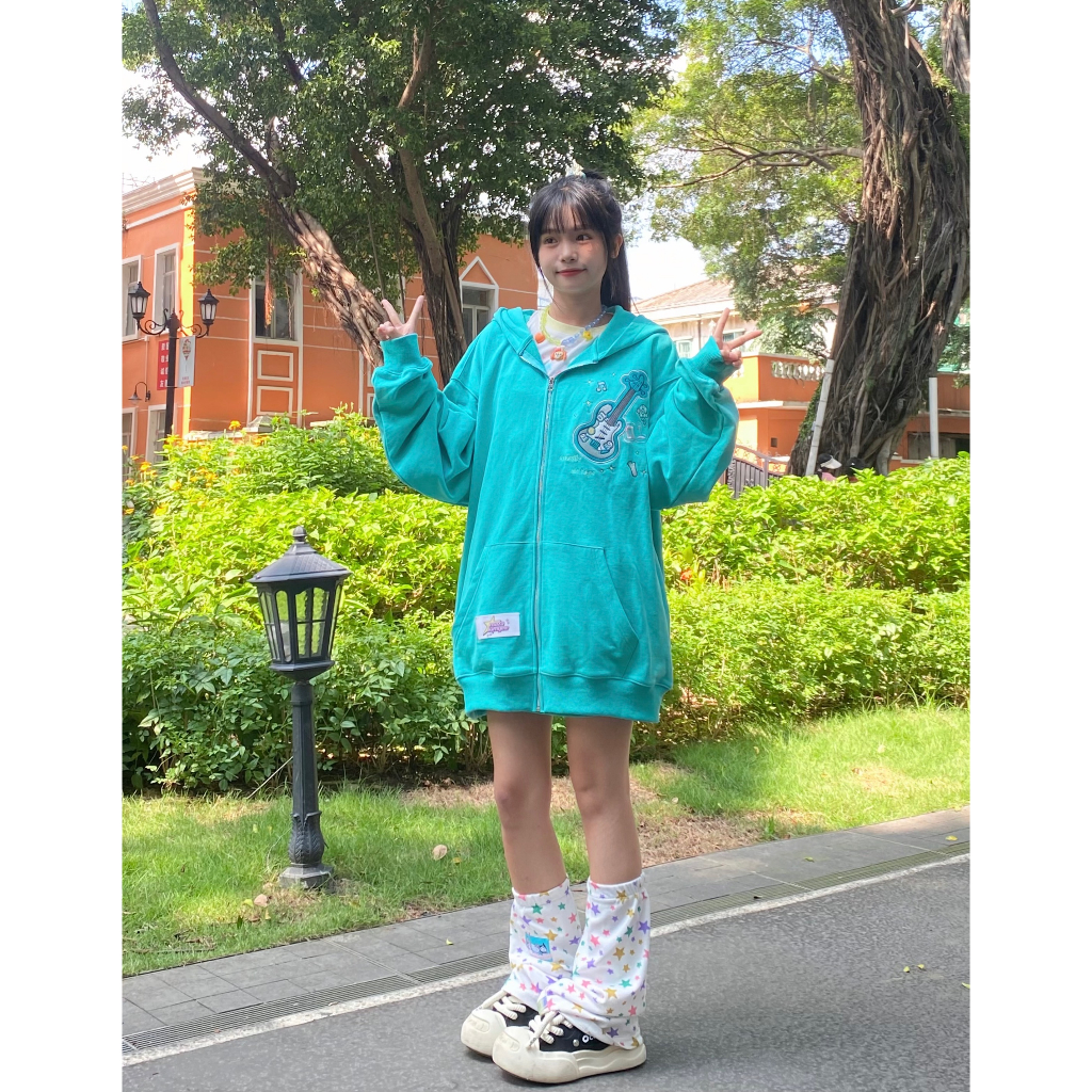 Áo hoodie khoá zip mũ thỏ tai dài phối bông trắng siêu cute ulzzang overisze form rộng chùm mông dài tay bo gấu hai màu