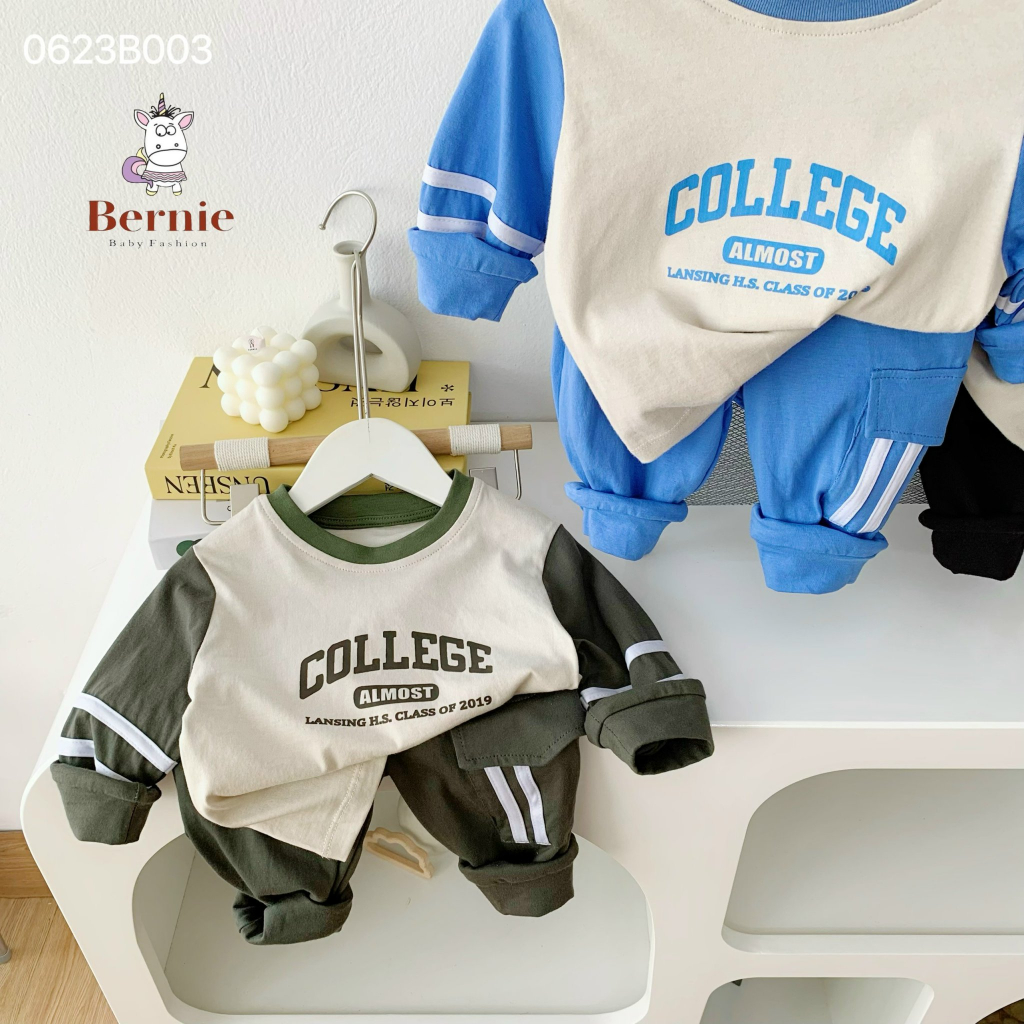 Bộ cotton dài tay bé trai, bộ thu đông phong cách thể thao khoẻ khoắn cho bé Bernie