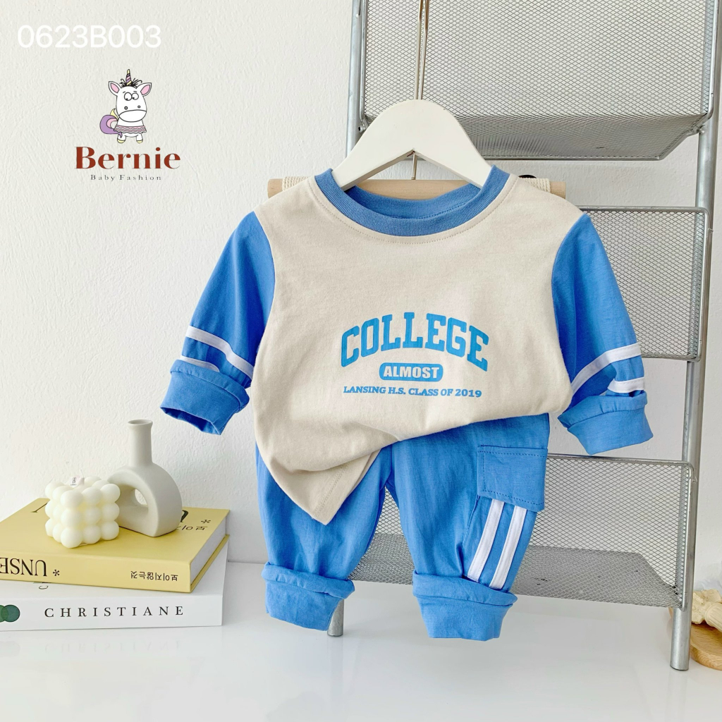 Bộ cotton dài tay bé trai, bộ thu đông phong cách thể thao khoẻ khoắn cho bé Bernie