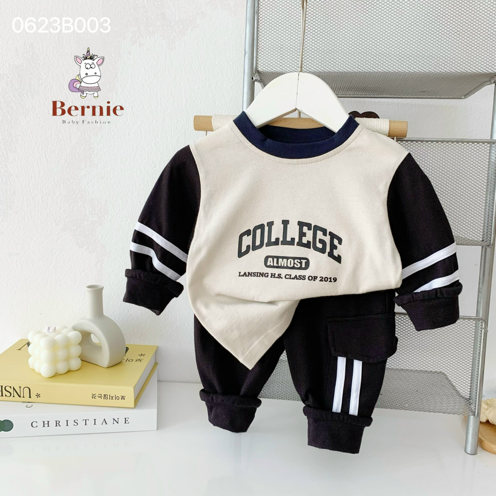 Bộ cotton dài tay bé trai, bộ thu đông phong cách thể thao khoẻ khoắn cho bé Bernie