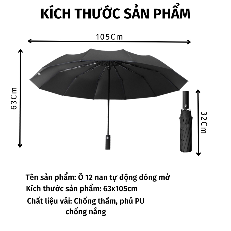 Ô Che Mưa Mika 2 Lớp Tự Động Gấp Gọn 12 Nan Thép Không Gỉ Đi Nắng Chống UV Hiệu Quả