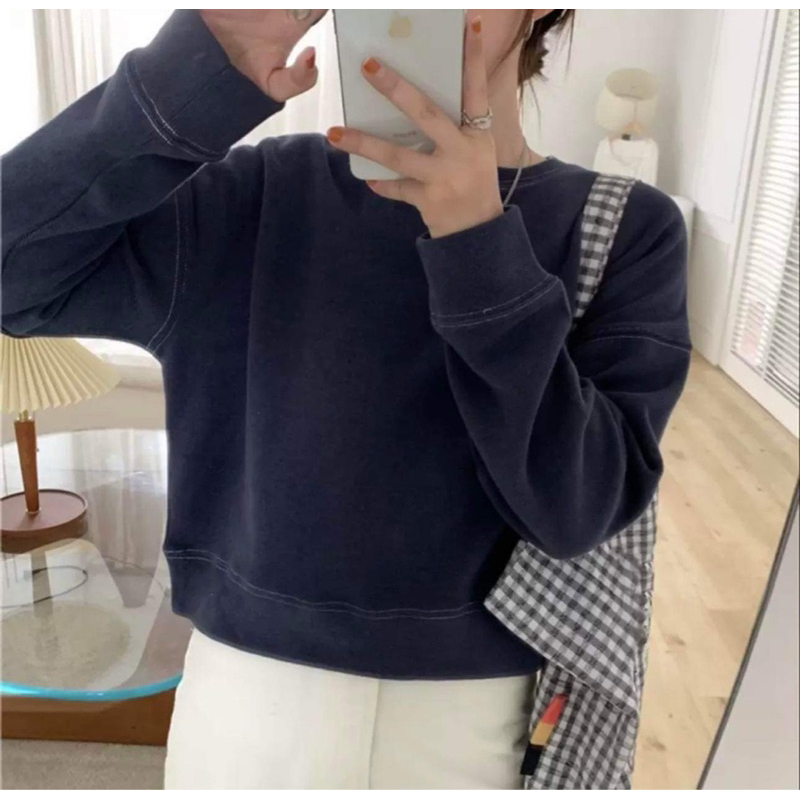 Áo Nỉ Sweater Nữ, Áo Nỉ Bông Dài Tay Thu Đông Dáng Ngắn Croptop Form Rộng Tay Bồng trơn Basic 2 màu ĐEN | XÁM