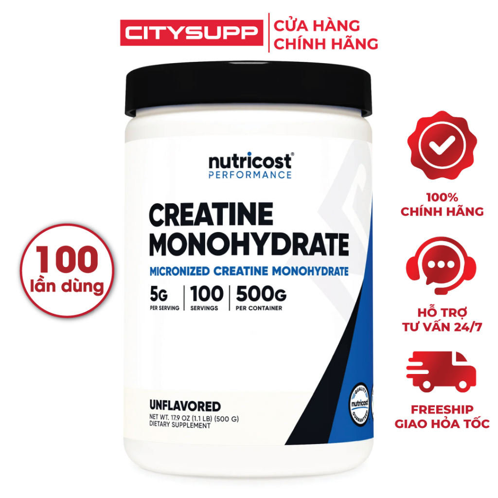 Nutricost Creatine Monohydrate 500g, Hỗ Trợ Tăng Sức Bền và Xây Dựng Cơ Bắp, Made in USA