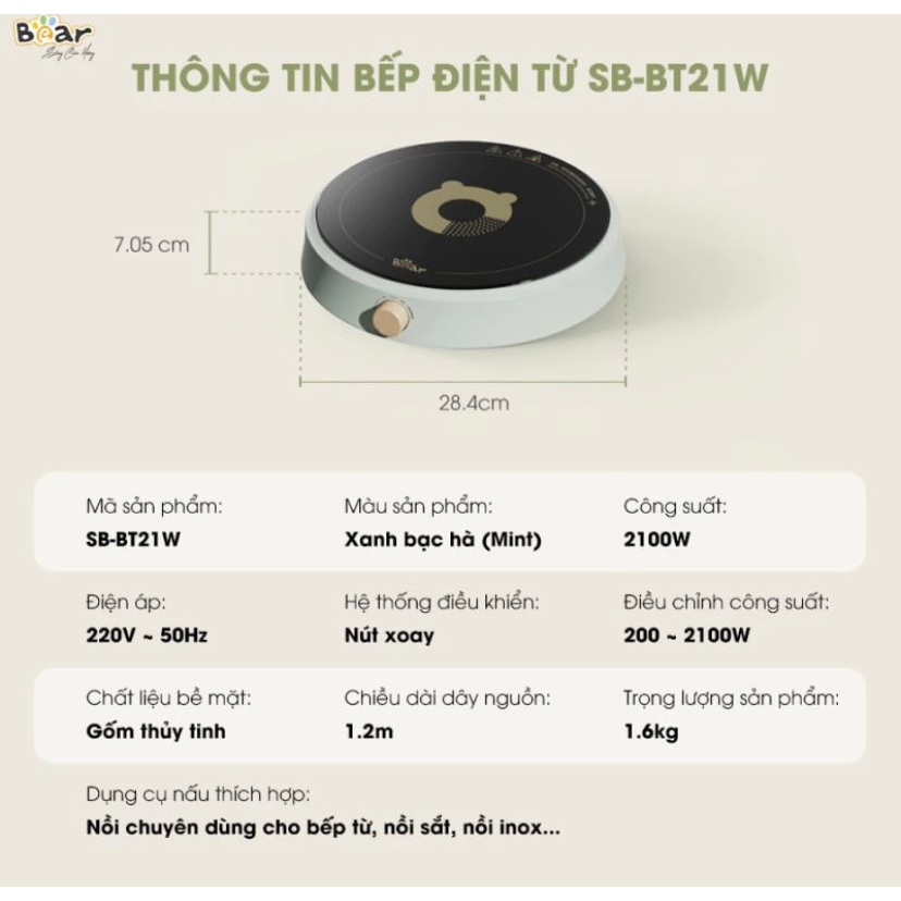 Bếp Điện, Bếp Từ Bear Công Suất 2100w Cảm Ứng Thông Minh, Sử Dụng Siêu An Toàn