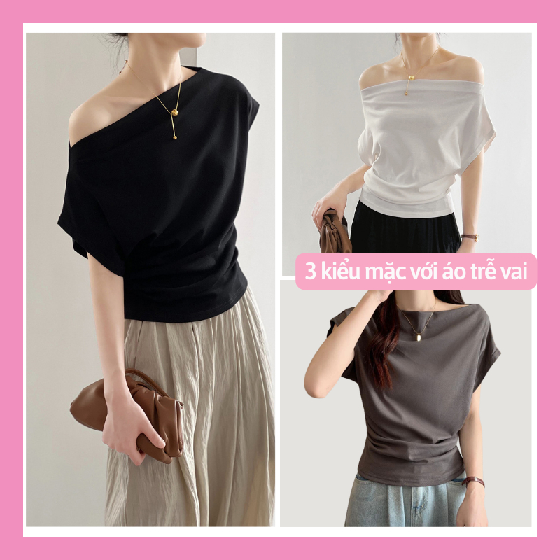 Áo thun trơn trễ lệch vai cổ thuyền nhún eo giấu bụng chất thun lạnh co giãn 4 chiều trẻ trung nữ tính dễ phối đồ AL21