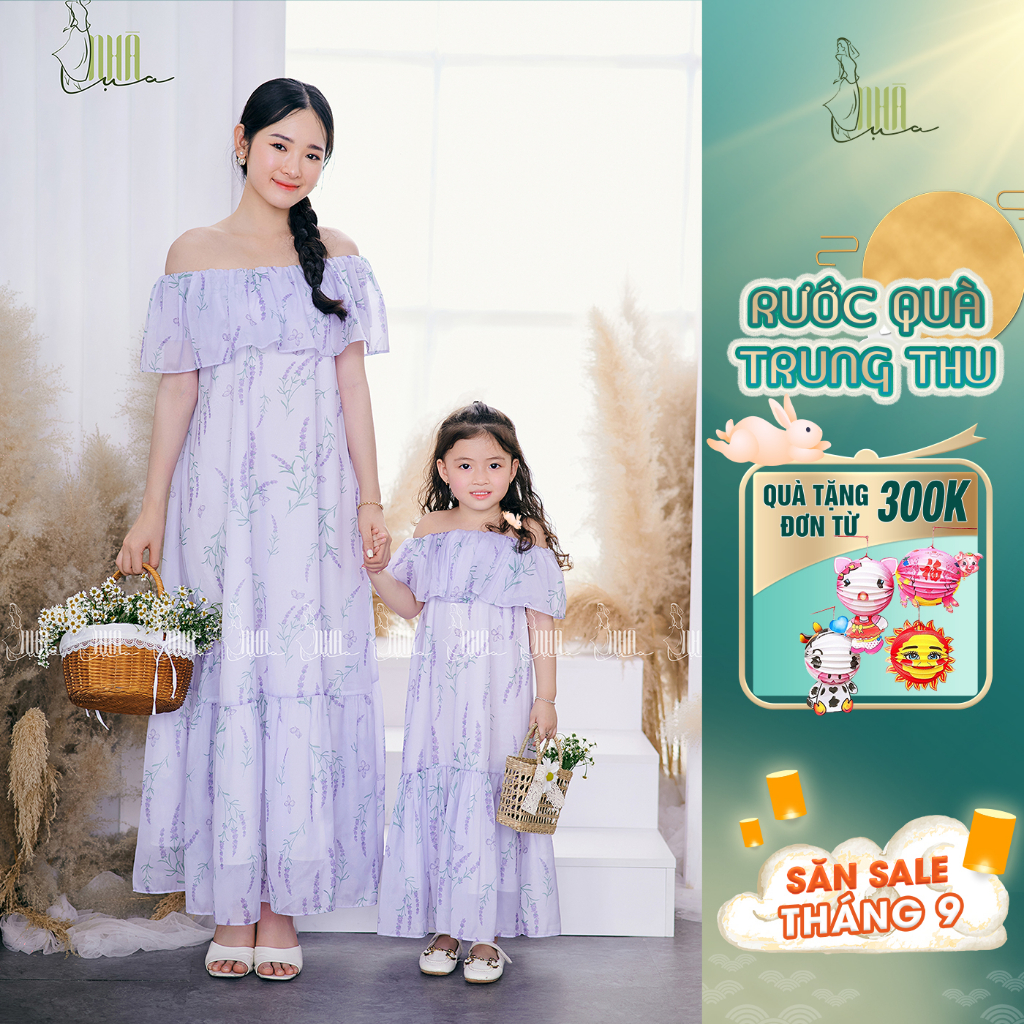 (Combo) Váy maxi trễ vai đi biển Hạ Vân mẹ và bé gái Nhà Lụa ,dáng suông hở vai họa tiết hoa nhí đi du lịch CB05