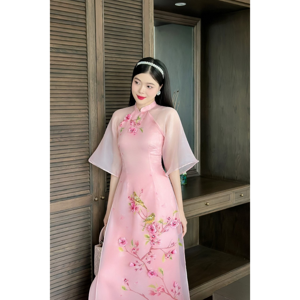 Áo dài cách tân nữ❤️HÀNG CAO CẤP❤️ màu hồng chất liệu organza thiết kế cổ tàu tay lỡ đính hoa 4 tà duyên dáng-LN19
