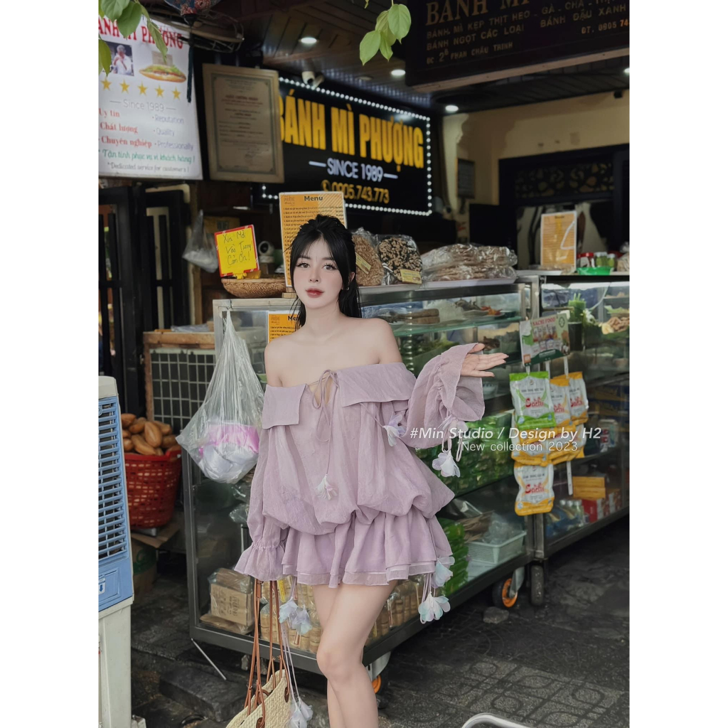 VÁY ÁO TƠ NHĂN TRỄ VAI ĐÍNH HOA HÀNG 2 LỚP QCCC - SET VÁY NỮ CÓ CHUN EO CHUN TAY TIỂU THƯ CHANH XẢ