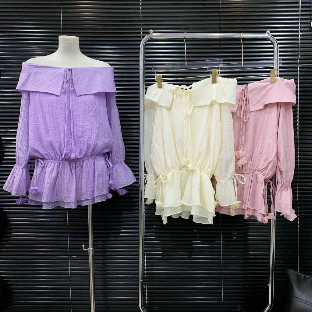 VÁY ÁO TƠ NHĂN TRỄ VAI ĐÍNH HOA HÀNG 2 LỚP QCCC - SET VÁY NỮ CÓ CHUN EO CHUN TAY TIỂU THƯ CHANH XẢ