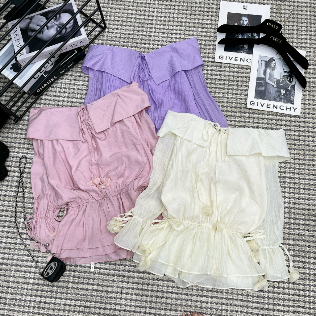 VÁY ÁO TƠ NHĂN TRỄ VAI ĐÍNH HOA HÀNG 2 LỚP QCCC - SET VÁY NỮ CÓ CHUN EO CHUN TAY TIỂU THƯ CHANH XẢ