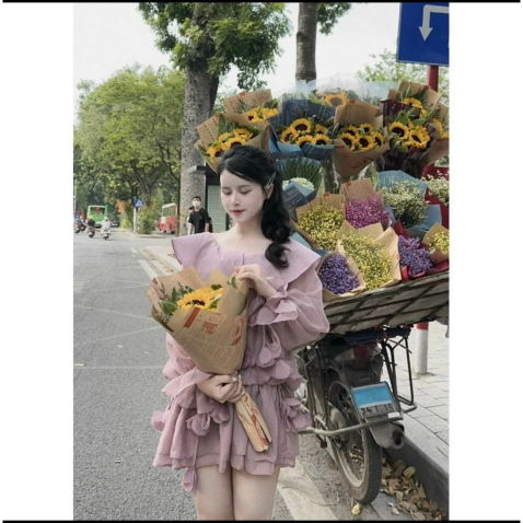 VÁY ÁO TƠ NHĂN TRỄ VAI ĐÍNH HOA HÀNG 2 LỚP QCCC - SET VÁY NỮ CÓ CHUN EO CHUN TAY TIỂU THƯ CHANH XẢ