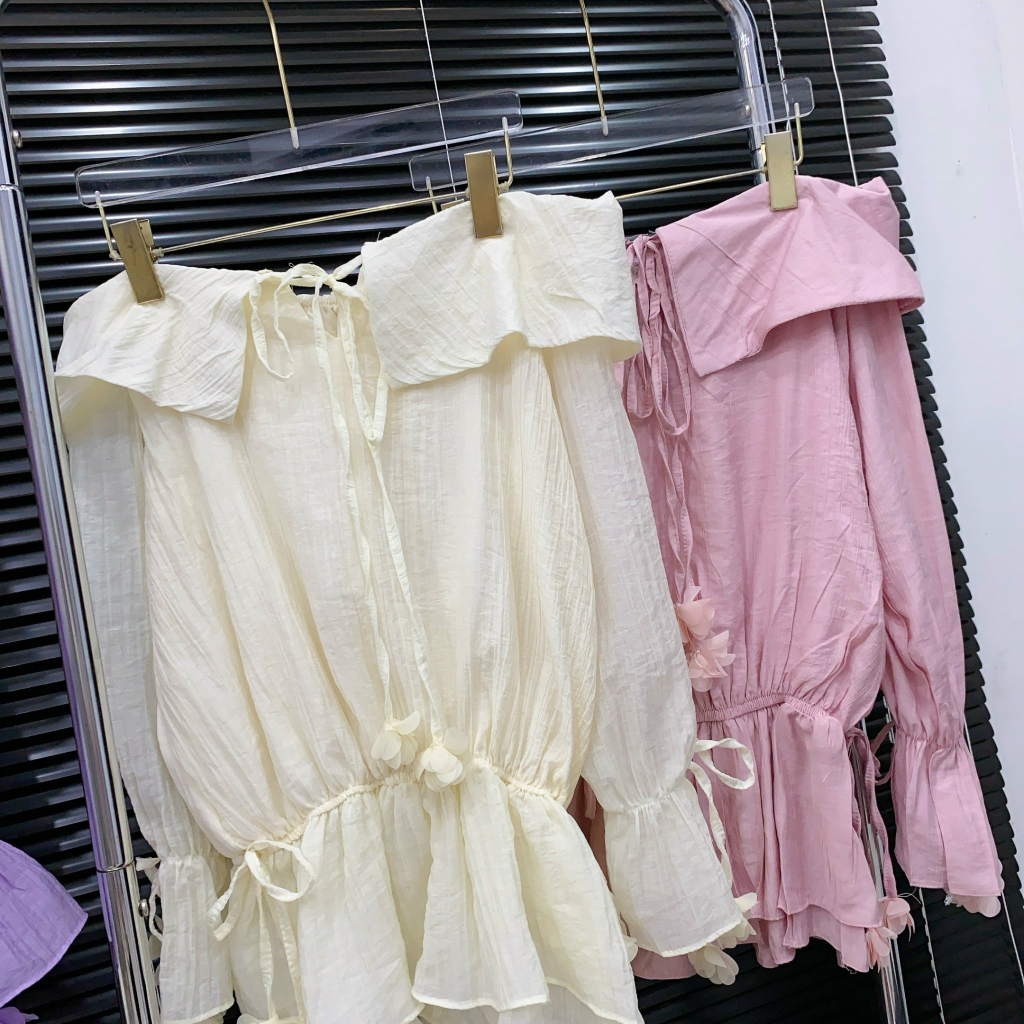 VÁY ÁO TƠ NHĂN TRỄ VAI ĐÍNH HOA HÀNG 2 LỚP QCCC - SET VÁY NỮ CÓ CHUN EO CHUN TAY TIỂU THƯ CHANH XẢ