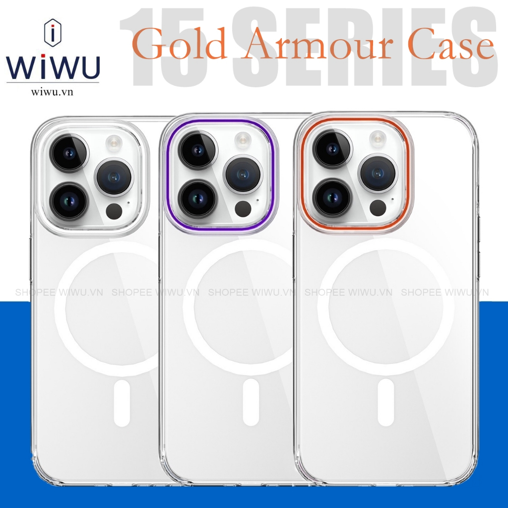 WIWU Gold Armour Case - Ốp lưng kính trong suốt  cho IPhone 15 Pro Max , 15 Plus , Hỗ trợ sạc không dây , chống ố vàng