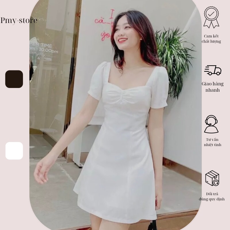 Đầm tiểu thư cổ vuông nhún ngực dáng ngắn chữ A thiết kế cao cấpPMY_STORE