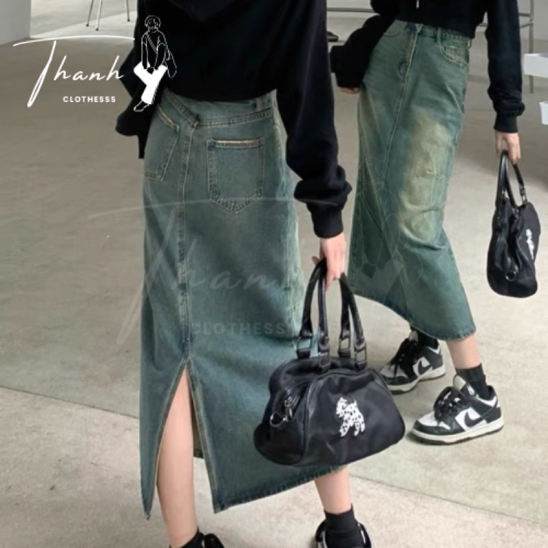 Chân Váy Jean, Xẻ Tà, Phong Cách Retro, Mùa Hè Mới 2023 v55