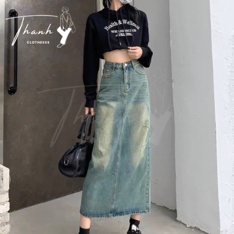 Chân Váy Jean, Xẻ Tà, Phong Cách Retro, Mùa Hè Mới 2023 v55