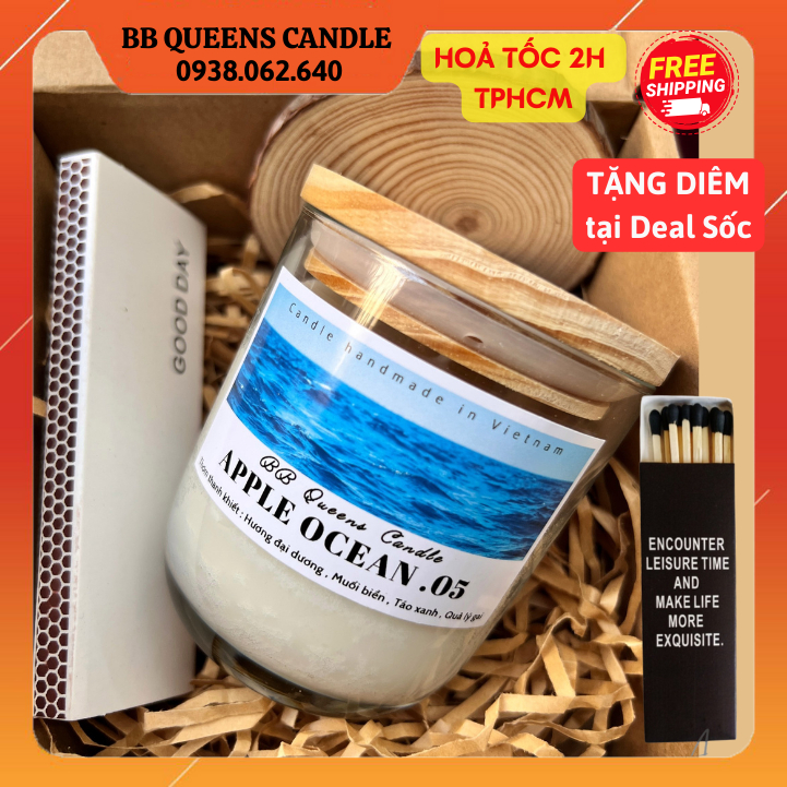 Nến Thơm Premium Hương Táo Biển tươi mát tinh dầu tự nhiên có Set quà tặng _ BB Queens Candle