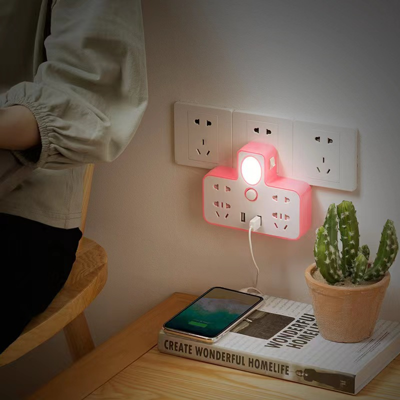 Ổ Điện Thông Minh Chữ T Kèm Đèn Ngủ Và Sạc USB - Bộ Chia Ổ Điện 2 Cổng USB Có Đèn LED