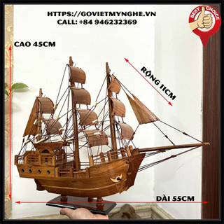 [Dài 55cm] Mô hình tàu thuyền gỗ trang trí nhà cửa trang trí phong thủy thuận buồm xuôi gió - Gỗ Hương - Buồm gỗ tự nhên