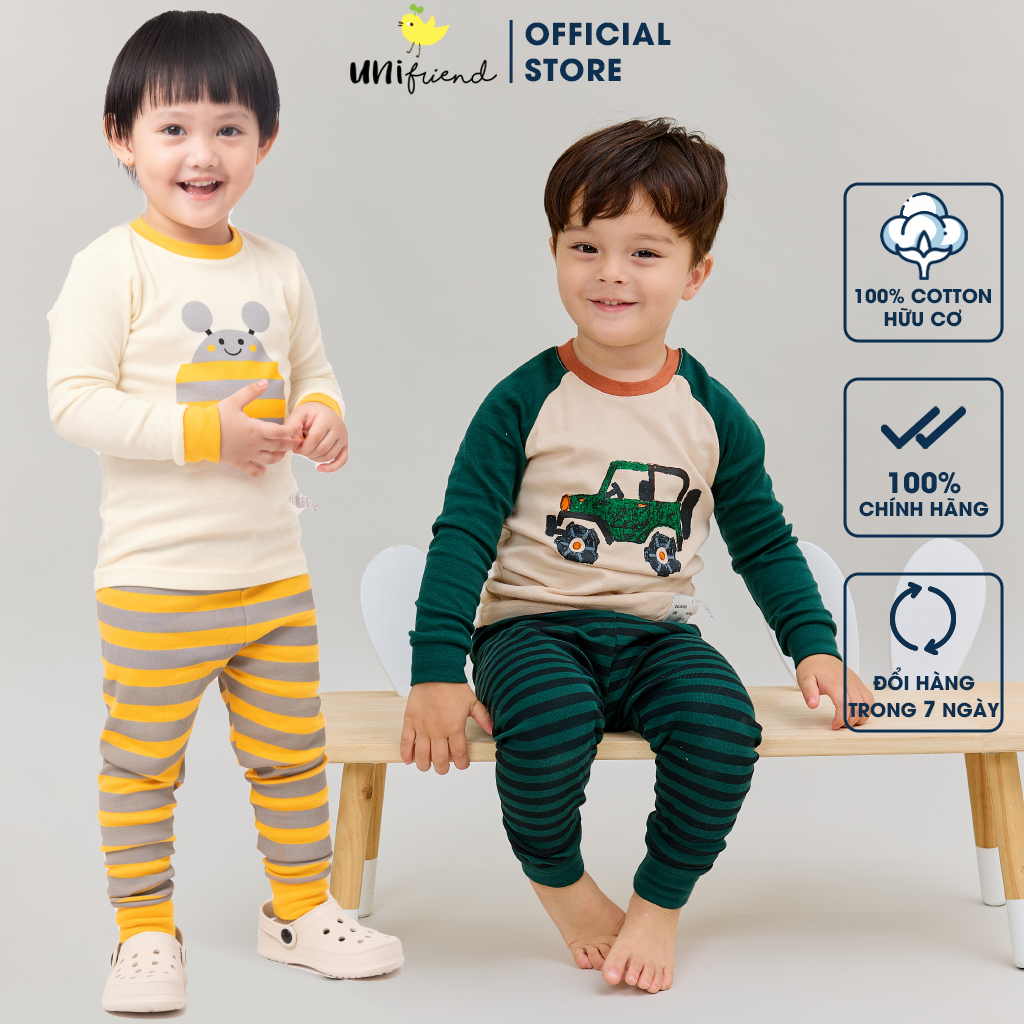 Đồ bộ quần áo dài tay cotton mùa thu đông cho bé trai và bé gái Unifriend Hàn Quốc U2023-13. Size 3, 4, 5, 6, 7, 8 tuổi