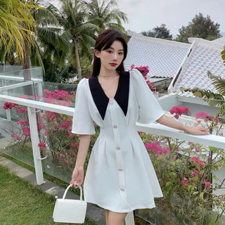 Đầm váy công sở đen cổ trắng nút trước (kèm hình thật)