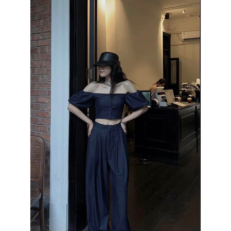 Set áo bò áo croptop mix quần suông dáng dài, chất liệu denim mỏng mềm, siêu mát