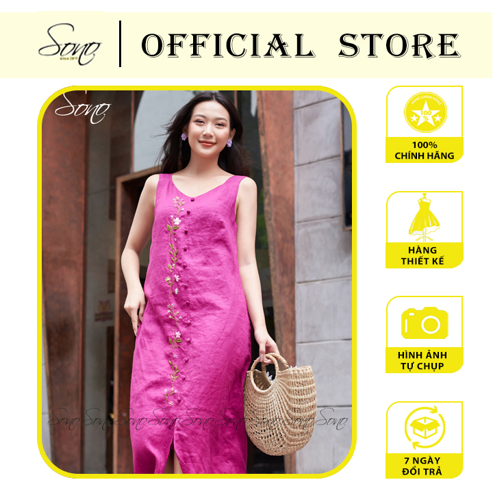 SONO - Đầm Linen Cổ Tim Thêu Dọc Chất Liệu Mềm Mại Dễ Phối Đồ