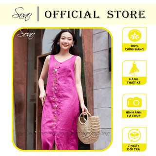 Sono - đầm linen cổ tim thêu dọc chất liệu mềm mại dễ phối đồ