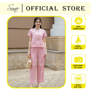 SONO - Bộ dài chất liệu linen họa tiết thêu tay họa tiết hoa rơi hàng thiết kế trẻ trung