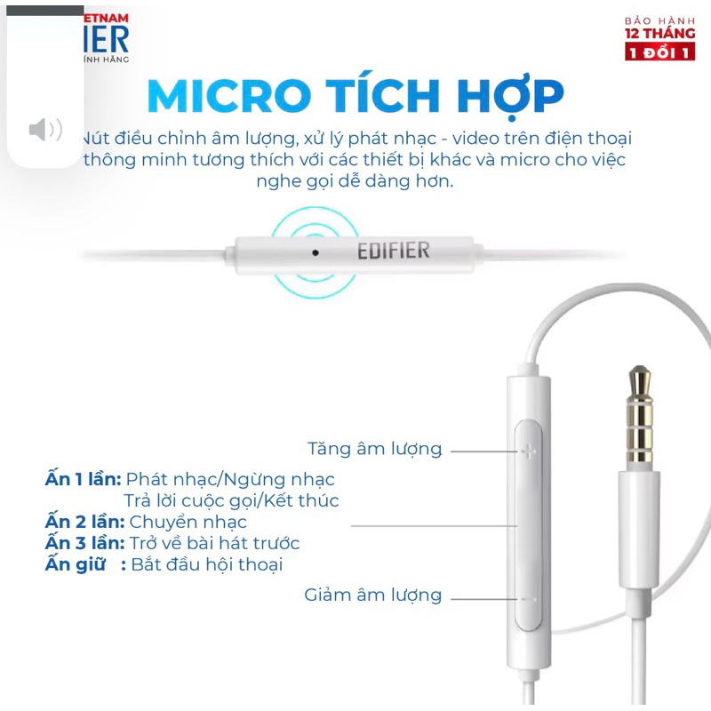 Tai nghe nhét tai có dây EDIFIER P180 PLUS | Chân cắm 3.5mm | Chất liệu TPE | Dài 1.3m |