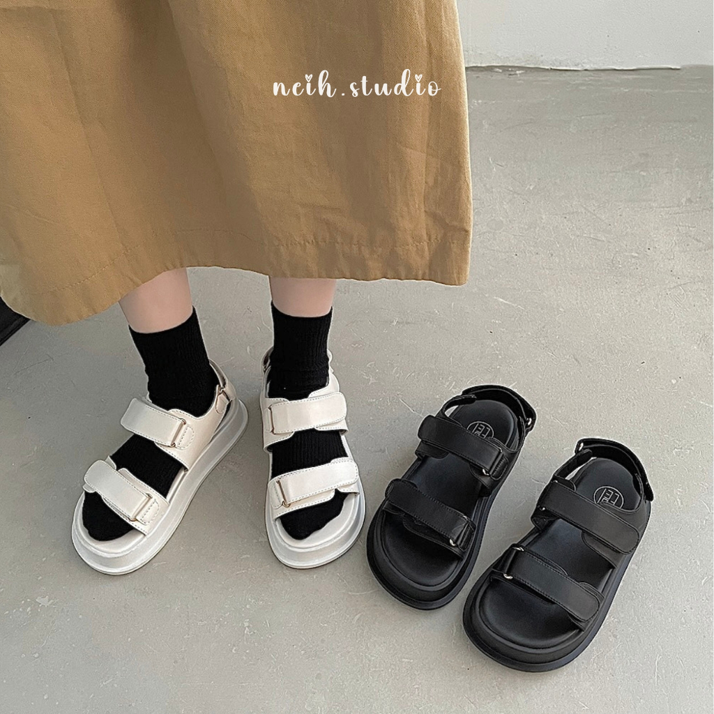 Dép SANDAL nữ quai dán 2 màu đen-trắng đế bằng neih.studio