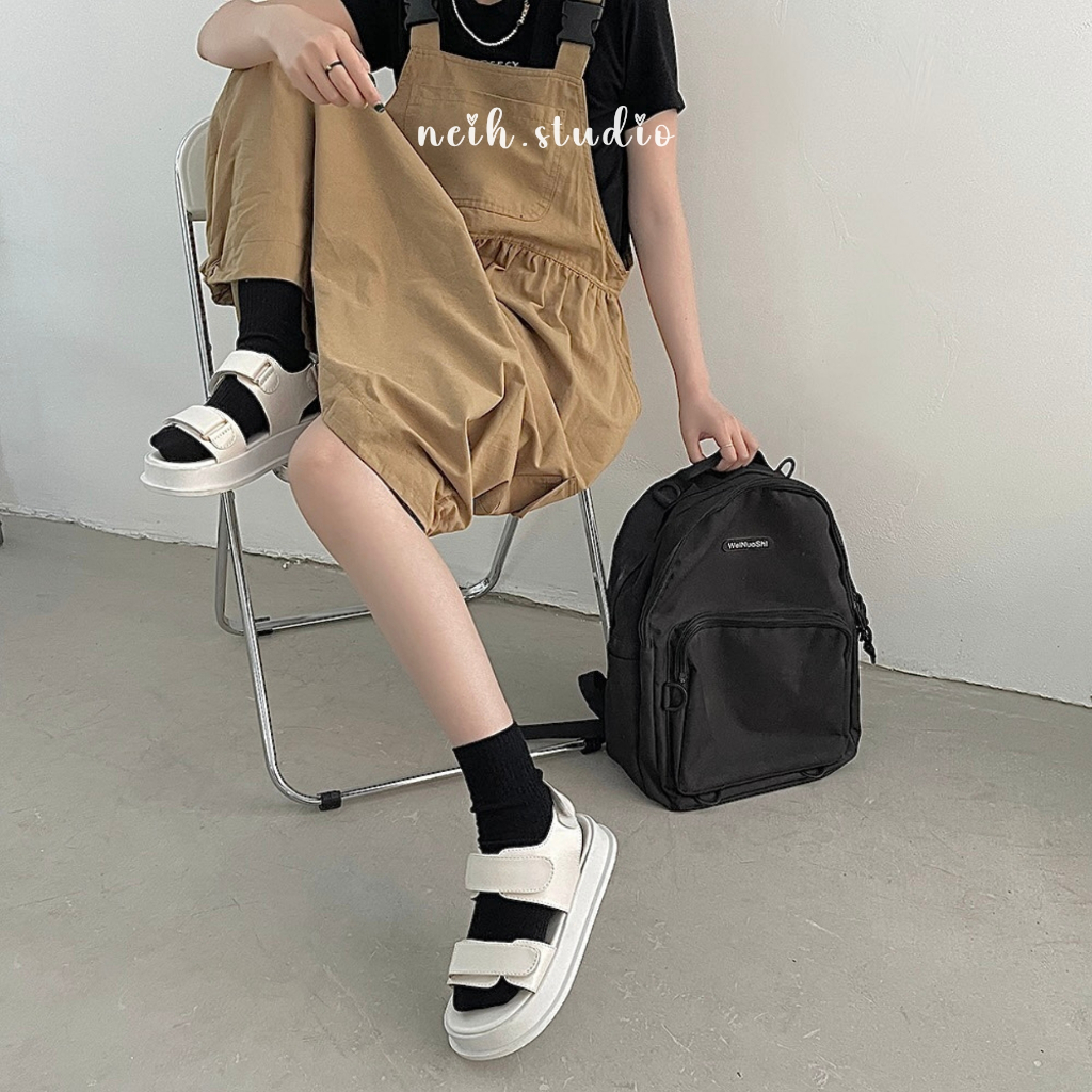 Dép SANDAL nữ quai dán 2 màu đen-trắng đế bằng neih.studio