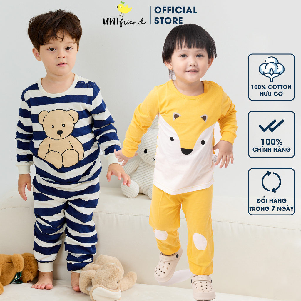 Đồ bộ quần áo ngủ dài tay dáng rộng cotton mùa thu bé trai, bé gái Unifriend Hàn Quốc U2022-18. Size đại trẻ em