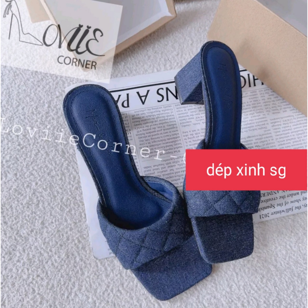 Dép cao gót 7cm,bản quai ngang to bọc jean siêu xinh
