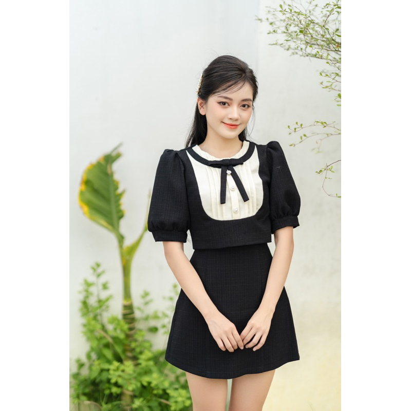 Áo thiết kế nữ MIYEAON TOP áo kiểu tiểu thư dáng croptop cộc tay cổ nơ cúc ngọc tôn dáng thanh lịch cobe.official