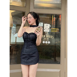 Set áo jean đen viền bèo cổ yếm + chân váy 🖤