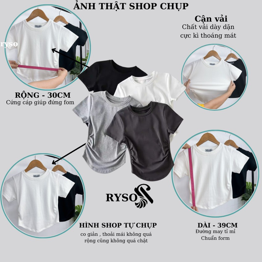 Áo phông nữ RYSO FASHION cộc tay cổ cao dáng xếp ly eo ôm body trơn màu đen trắng